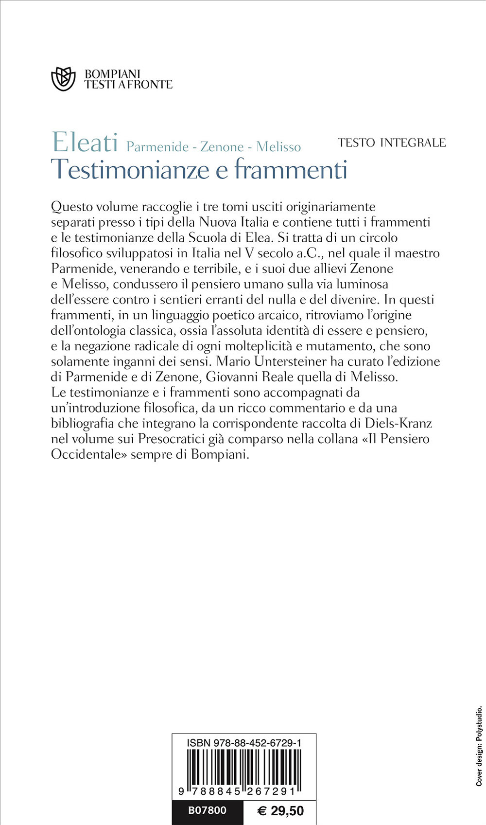 Eleati: Parmenide - Zenone - Melisso. Testimonianze e frammenti